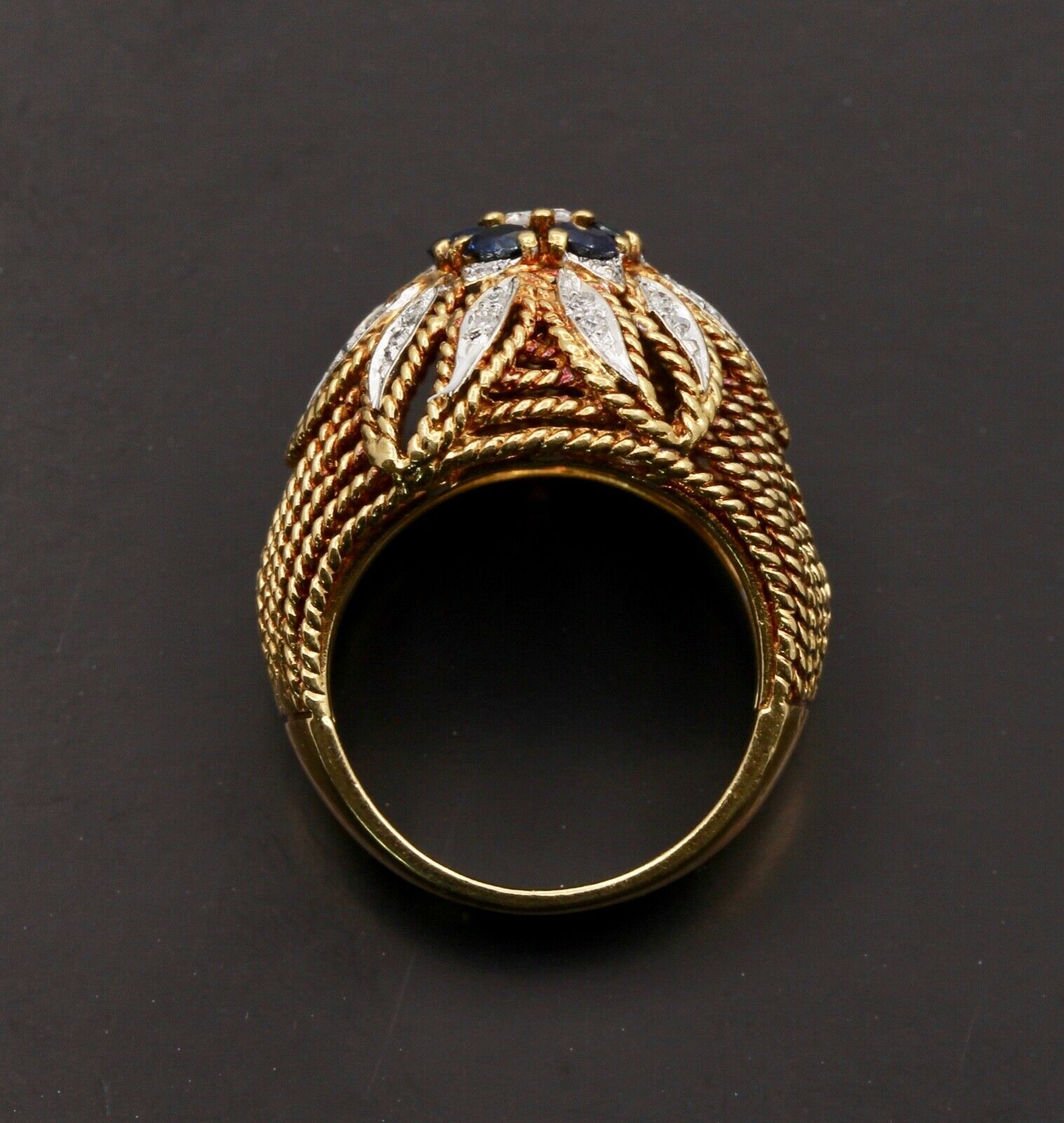 Italian Vintage High Dome Cluster Ring Sapphires Diamonds 18K YG WG Ring