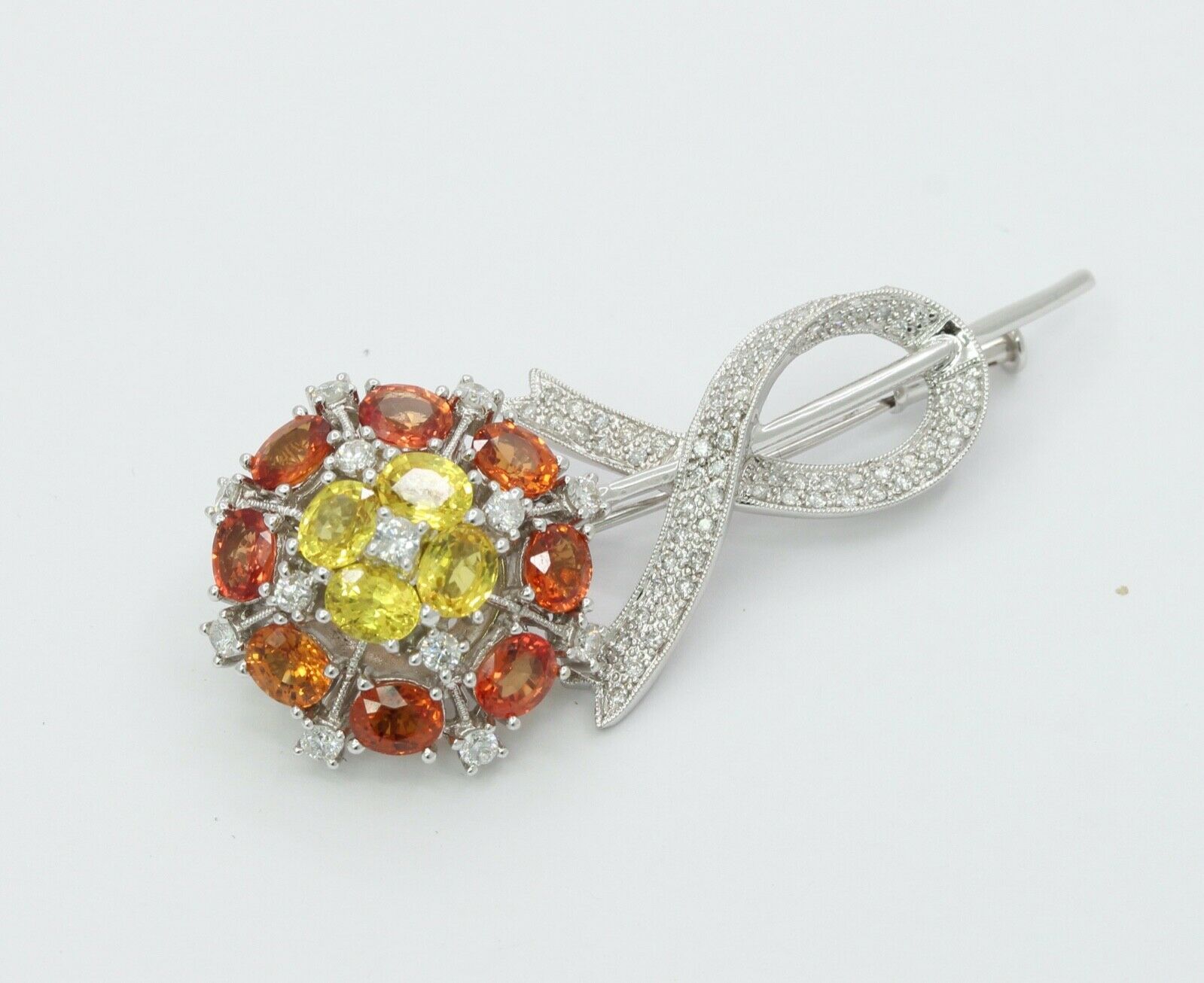 Vintage 18K White Gold Yellow Orange Sapphires Diamonds Brooch Pin
