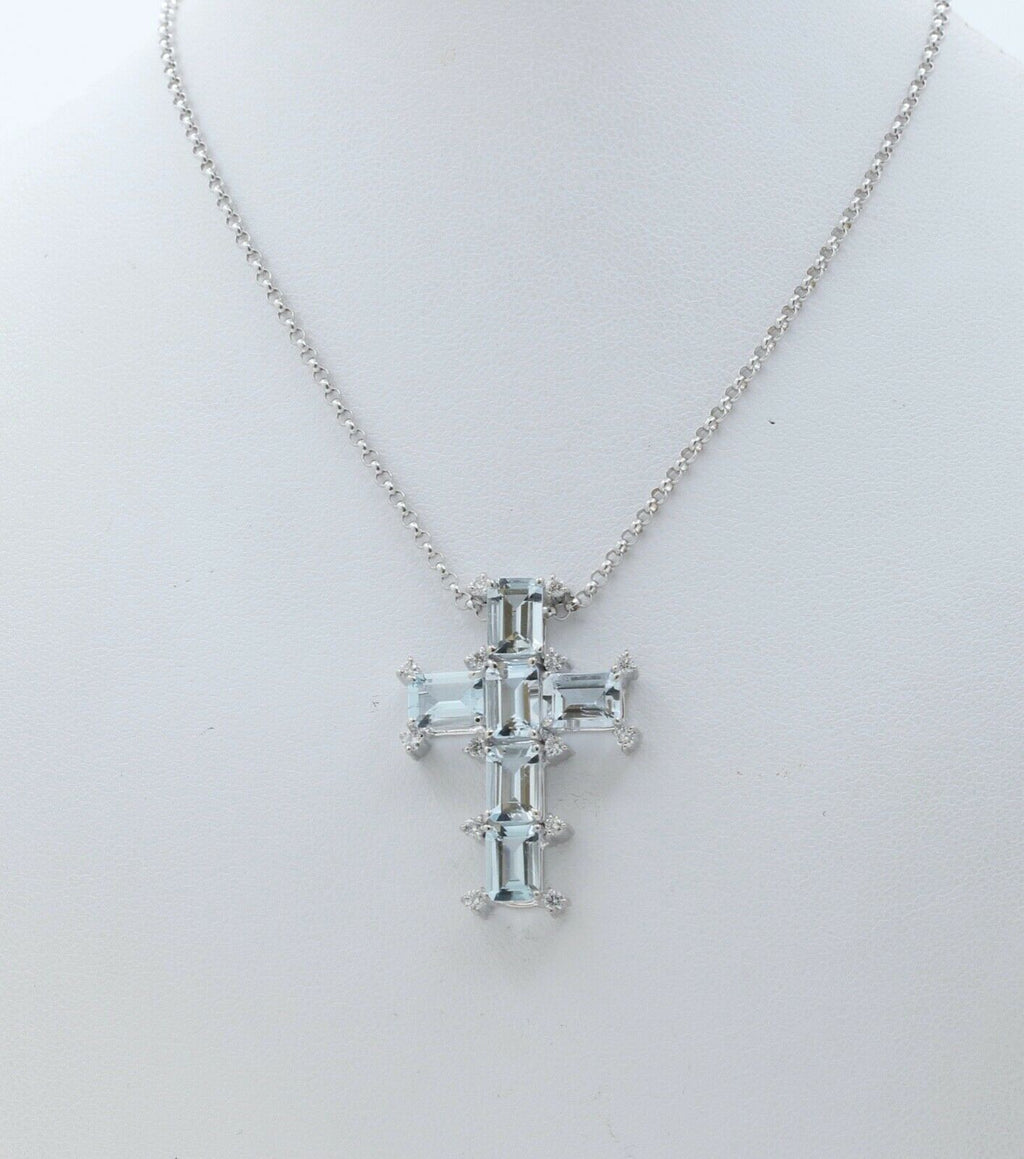 Vintage Ladies Aquamarine Diamonds 18K White Gold Cross and Chain