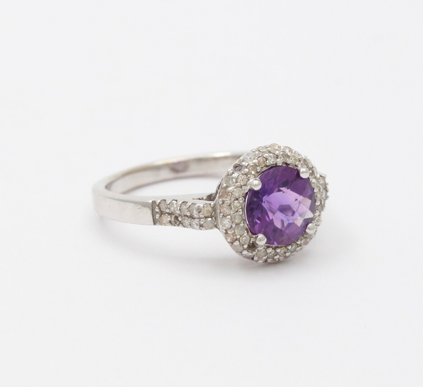 Vintage 14K White Gold Round Amethyst Diamond Halo Ring, Engagement Ring