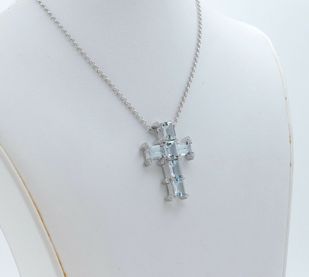 Vintage Ladies Aquamarine Diamonds 18K White Gold Cross and Chain