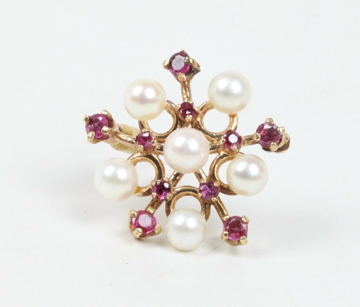 Vintage 14K Yellow Gold Rubies Cultured Pearls Pendant Brooch