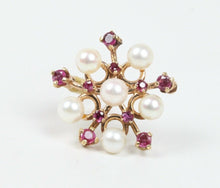 Load image into Gallery viewer, Vintage 14K Yellow Gold Rubies Cultured Pearls Pendant Brooch
