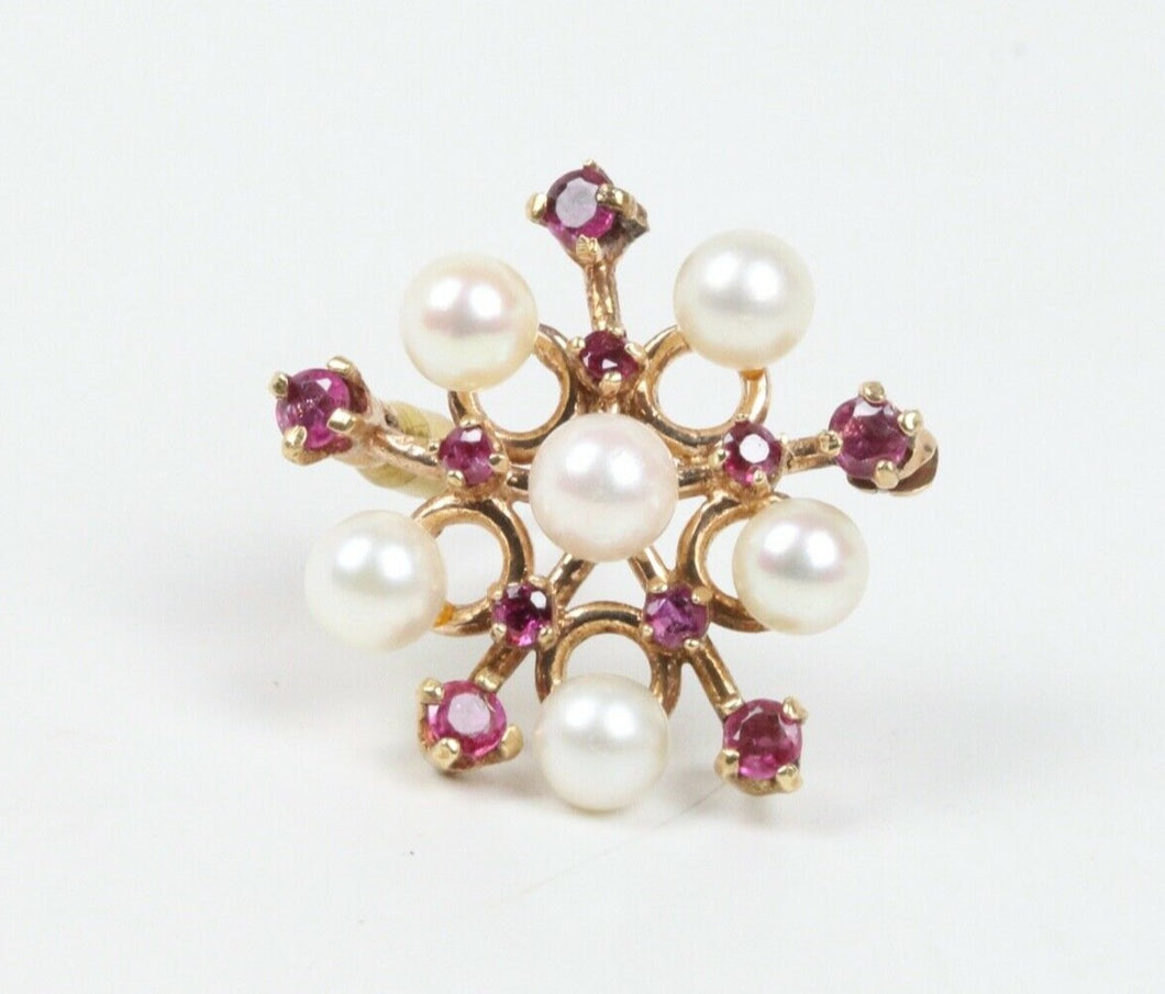 Vintage 14K Yellow Gold Rubies Cultured Pearls Pendant Brooch