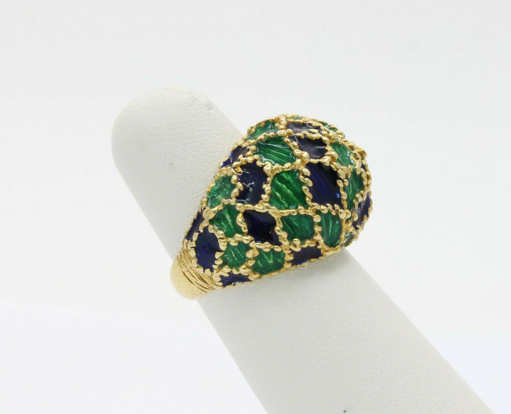 Vintage 18K Gold Blue & Green Enamel Dome Ring