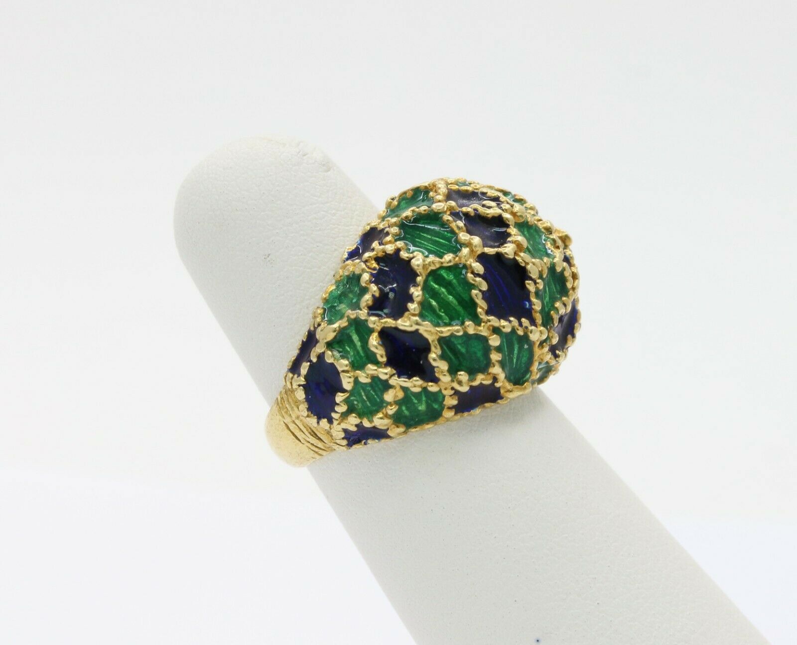Vintage 18K Gold Blue & Green Enamel Dome Ring