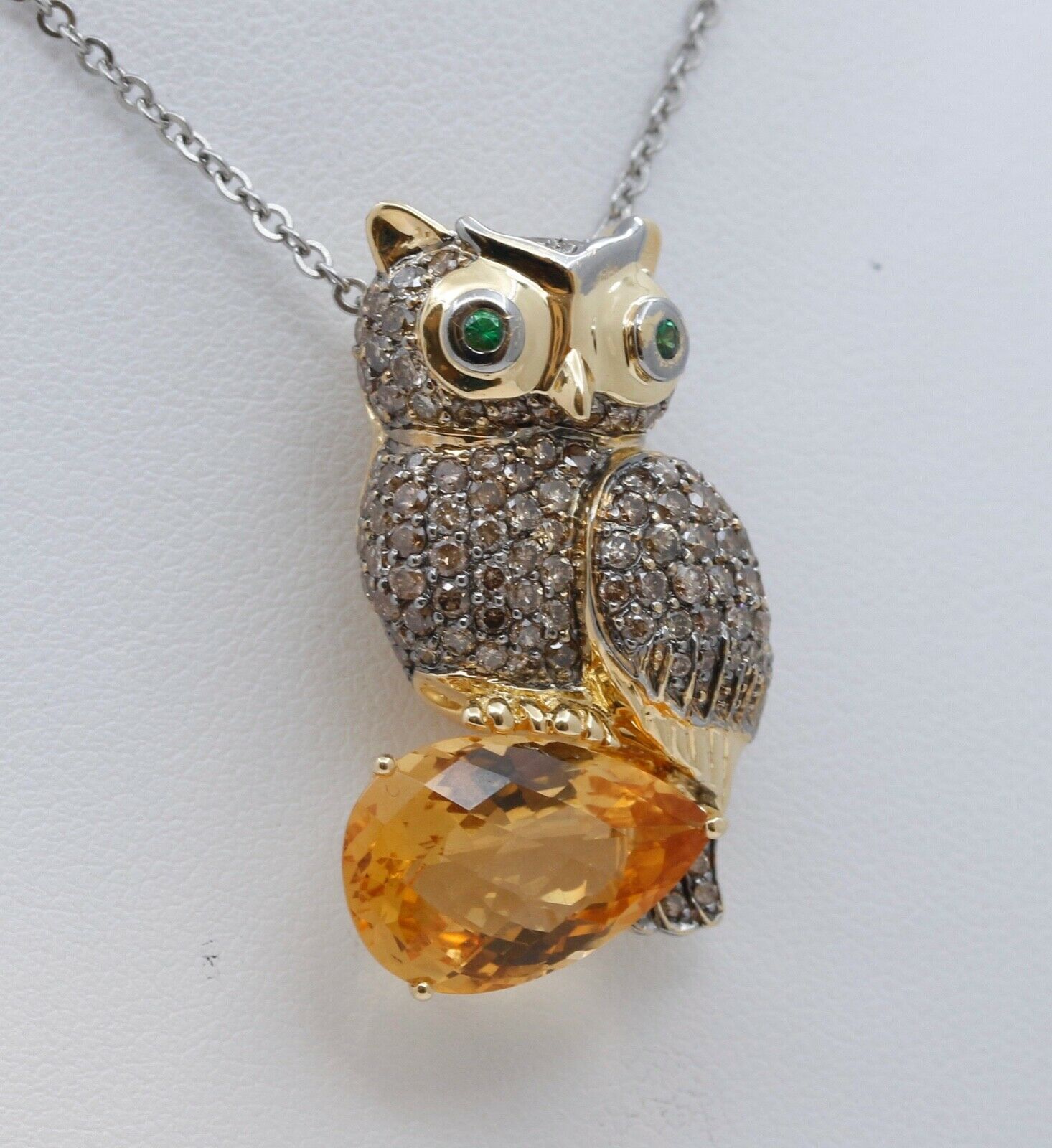 Vintage Owl Pendant 18K Yellow White Gold Citrine Diamonds Emeralds