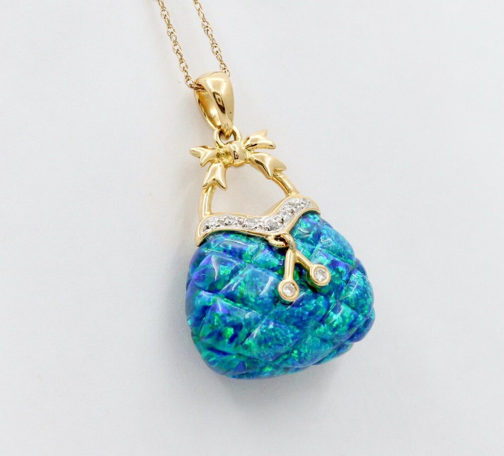 Cute Vintage 14K Synthetic Opal Diamond Purse Pendant