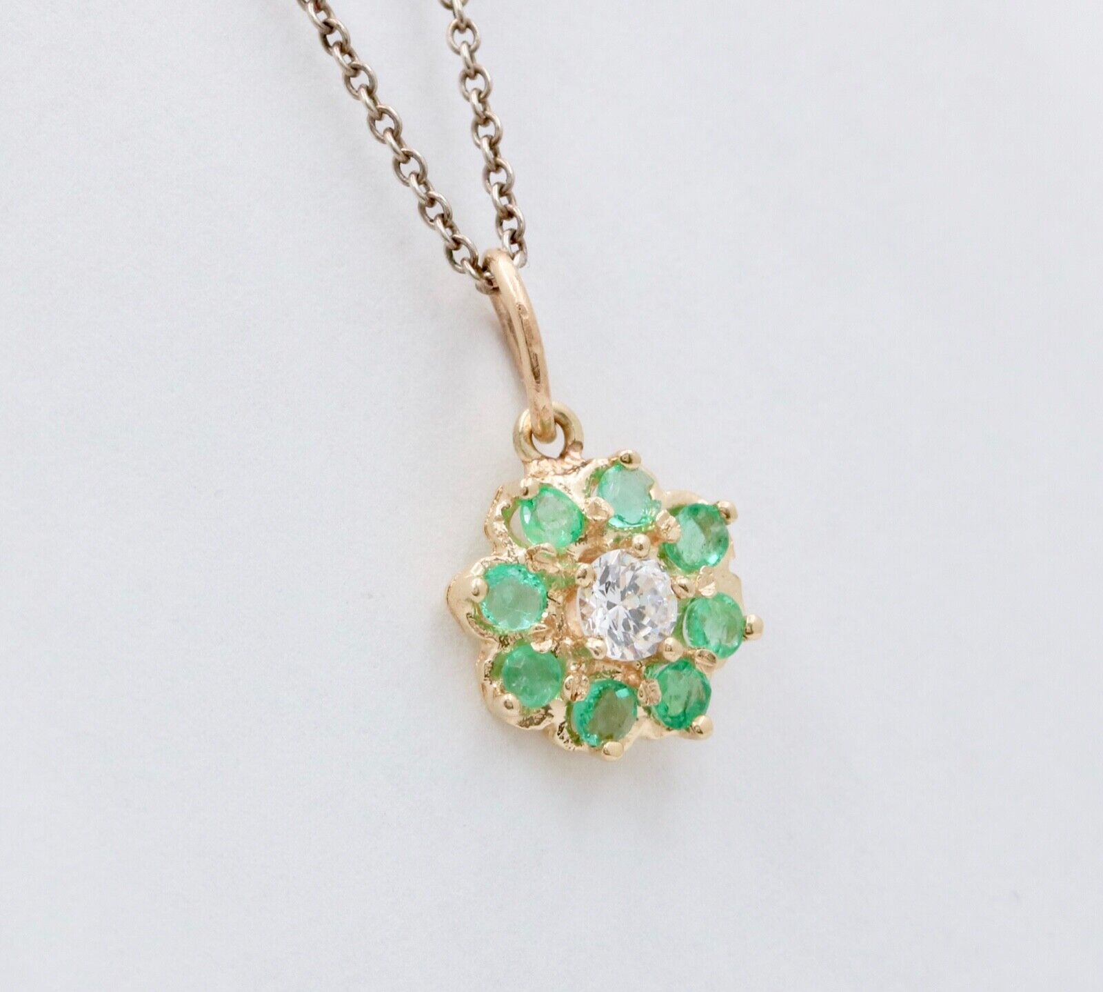 Vintage Flower Diamond Emerald 14K Yellow Gold Pendant