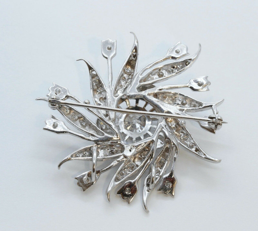 Ladies Vintage Flower Pinwheel 14K White Gold Diamonds Brooch Pin Pendant