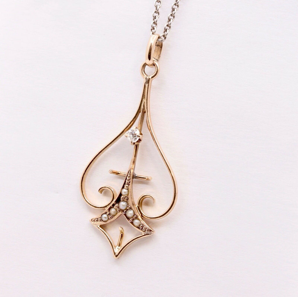 Victorian 10 Yellow Gold Diamond Seed Pearls Pendant