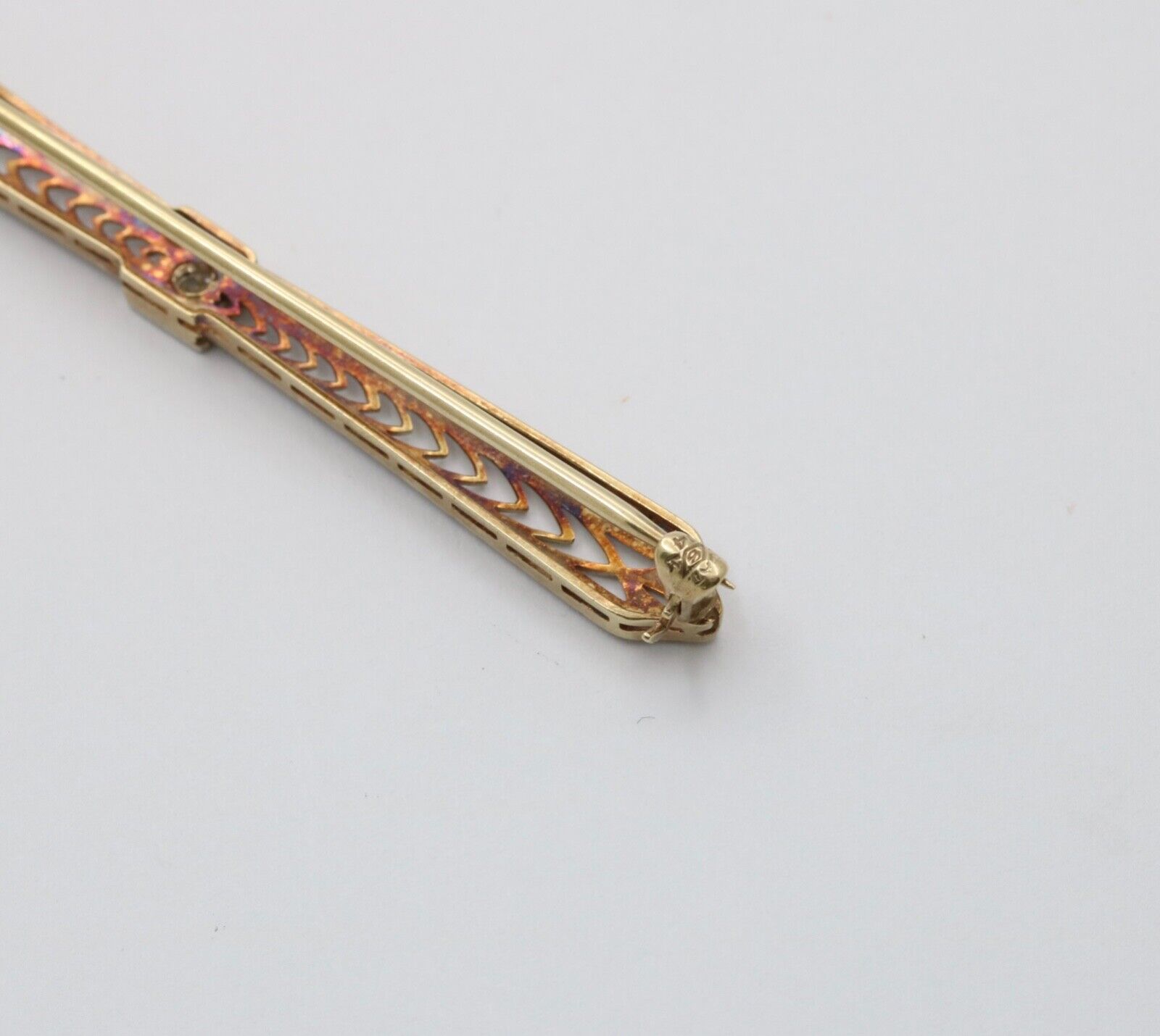 Vintage 14K Yellow Gold & Platinum Diamond Enamel Bar Pin.