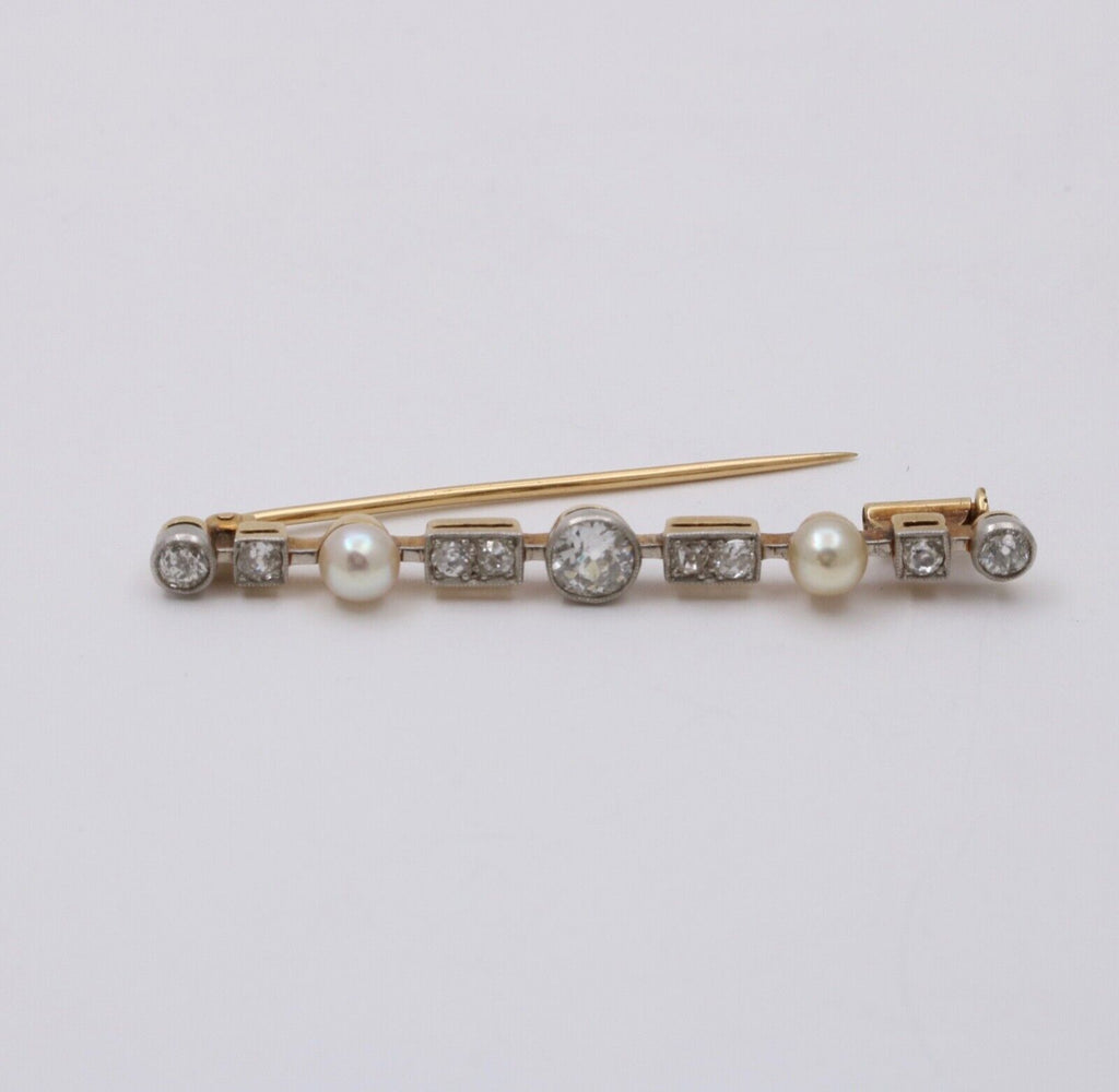 Antique Art Deco 18K Gold Diamond & Pearl Bar Pin.