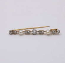 Load image into Gallery viewer, Antique Art Deco 18K Gold Diamond &amp; Pearl Bar Pin.
