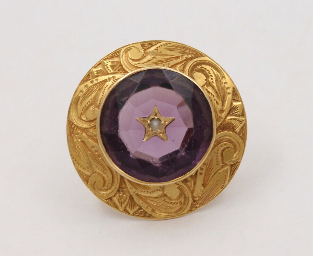 Victorian 14K Yellow Gold Amethyst & Seed Pearl Brooch Pin