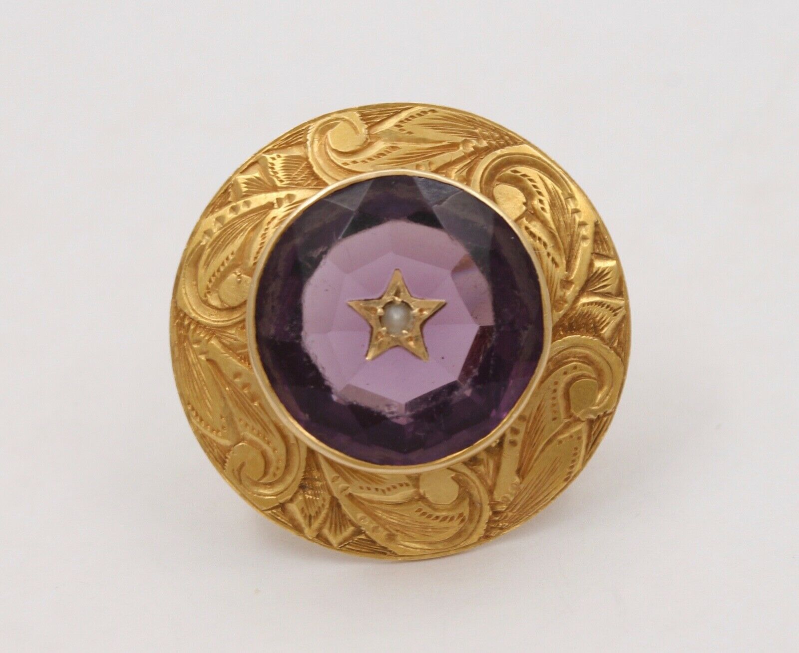 Victorian 14K Yellow Gold Amethyst & Seed Pearl Brooch Pin
