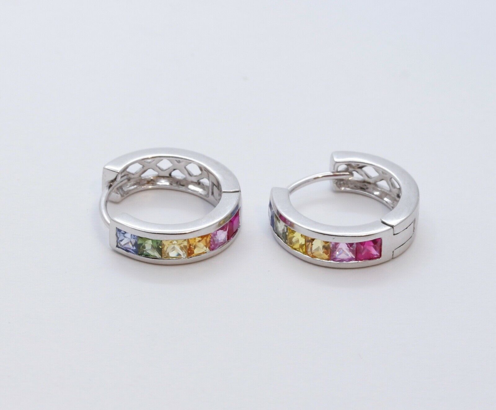 Cool Vintage Multi Colored Sapphires 14K White Gold Huggie Earrings