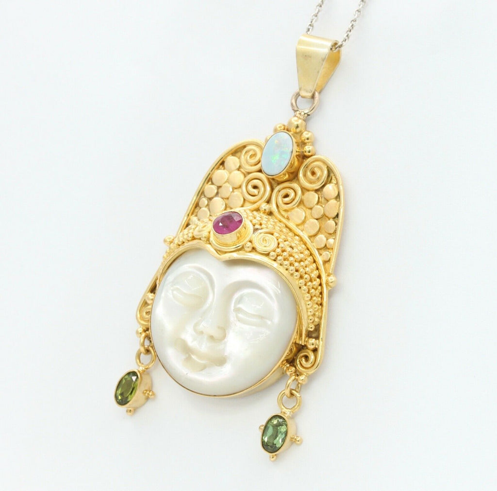 Vintage 18K Yellow Gold Sajen Goddess Face Mother of Pearl Opal Amethyst Peridot
