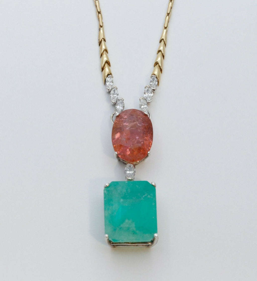 Vintage 18K Yellow Gold Huge Natural Emerald Tourmaline Diamond Statement Neckla
