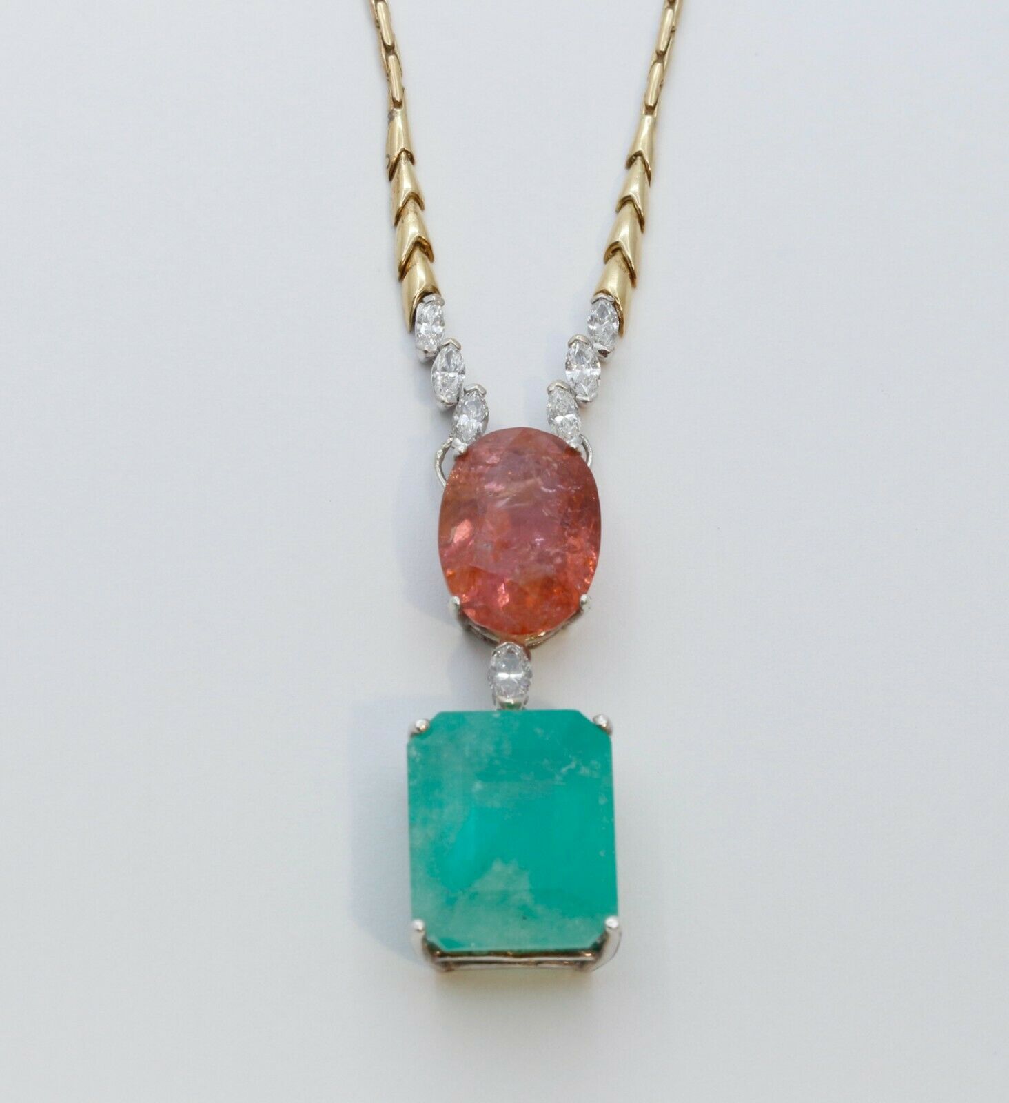 Vintage 18K Yellow Gold Huge Natural Emerald Tourmaline Diamond Statement Neckla