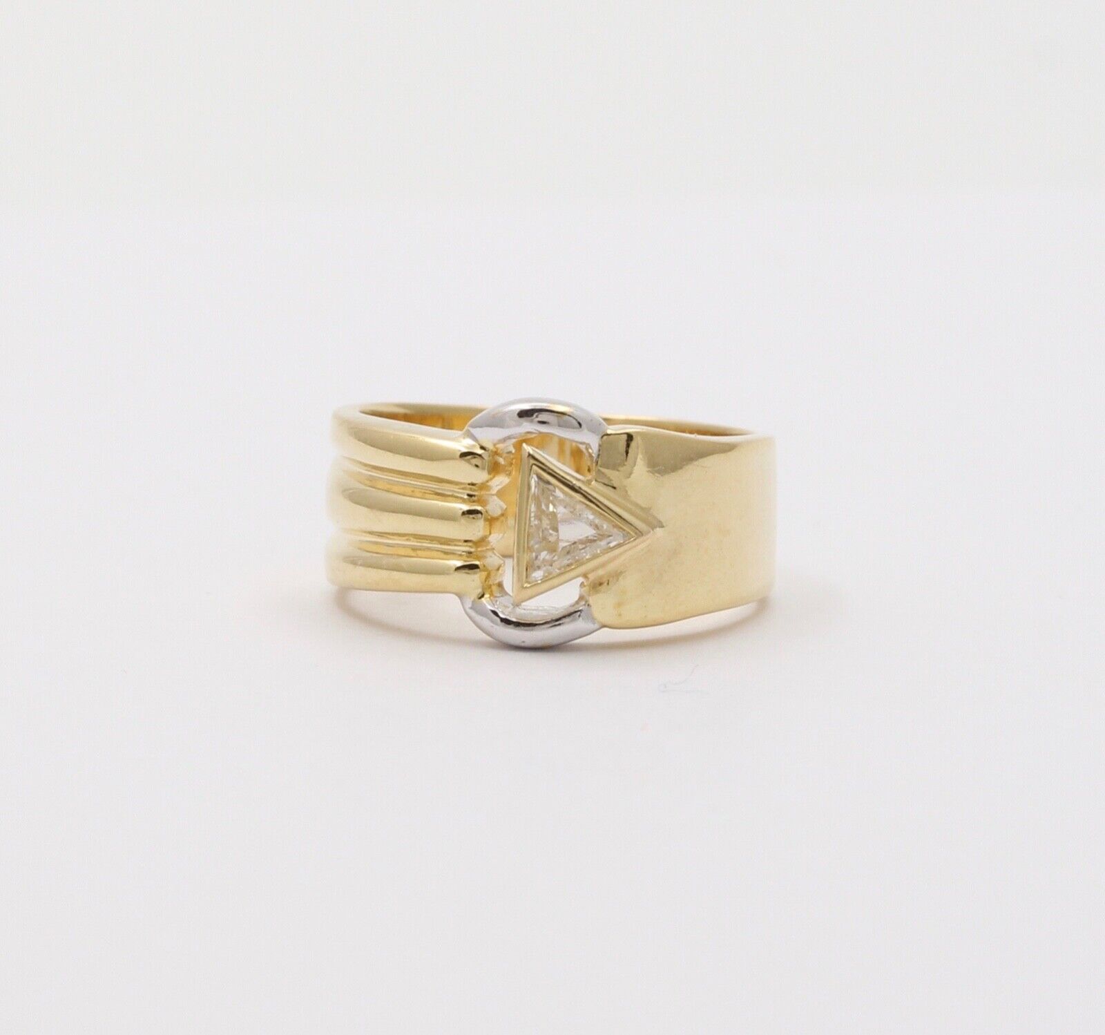 Vintage Geometric Trillion Cut Diamond 18K Yellow White Gold Ring