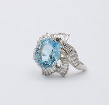 Load image into Gallery viewer, Vintage Platinum Aquamarine and Twirling Diamond Halo Ring, Statement Ring.
