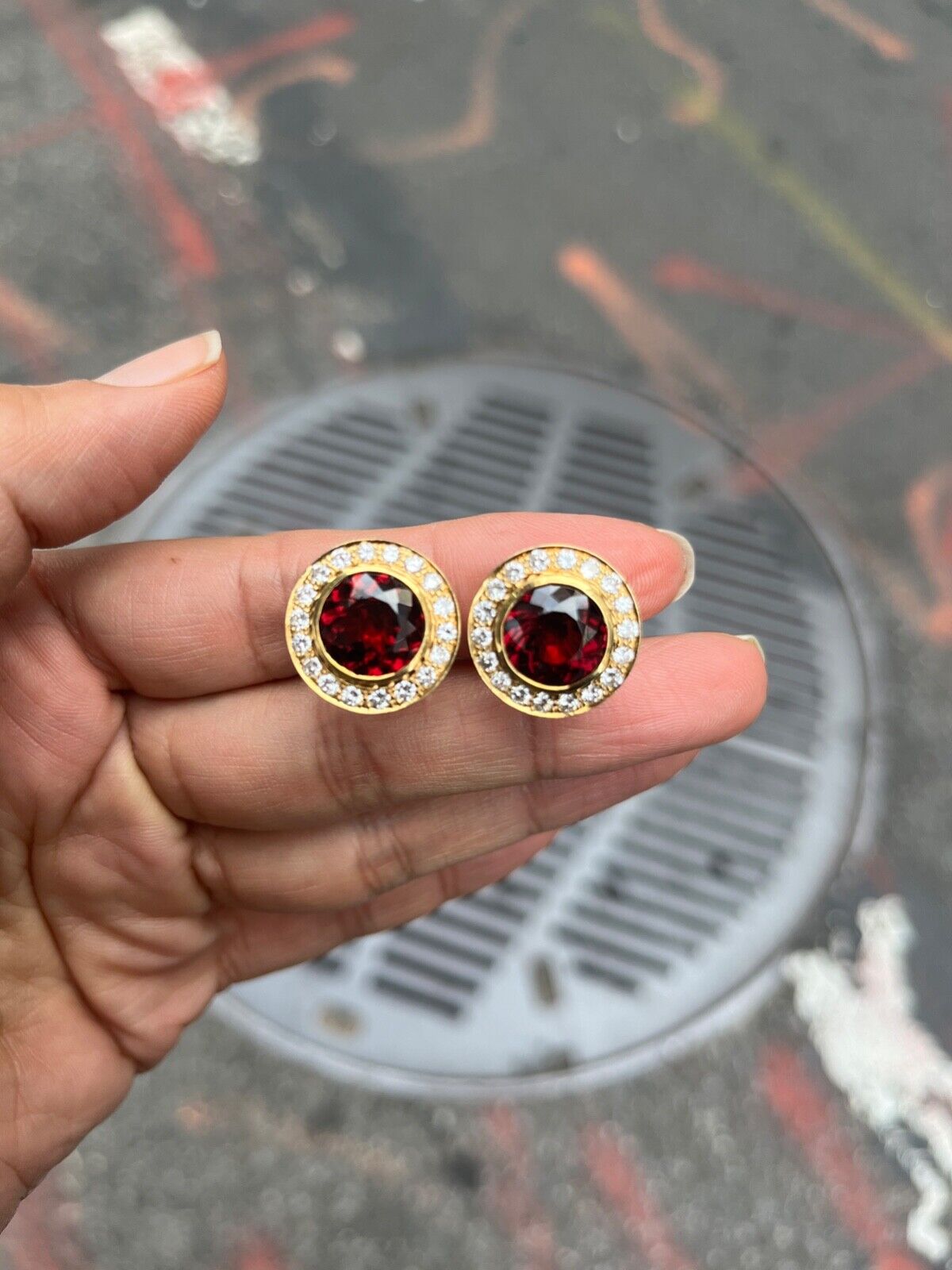 Vintage Rhodolite Garnet & Diamond Halo 18K Yellow Gold Earrings