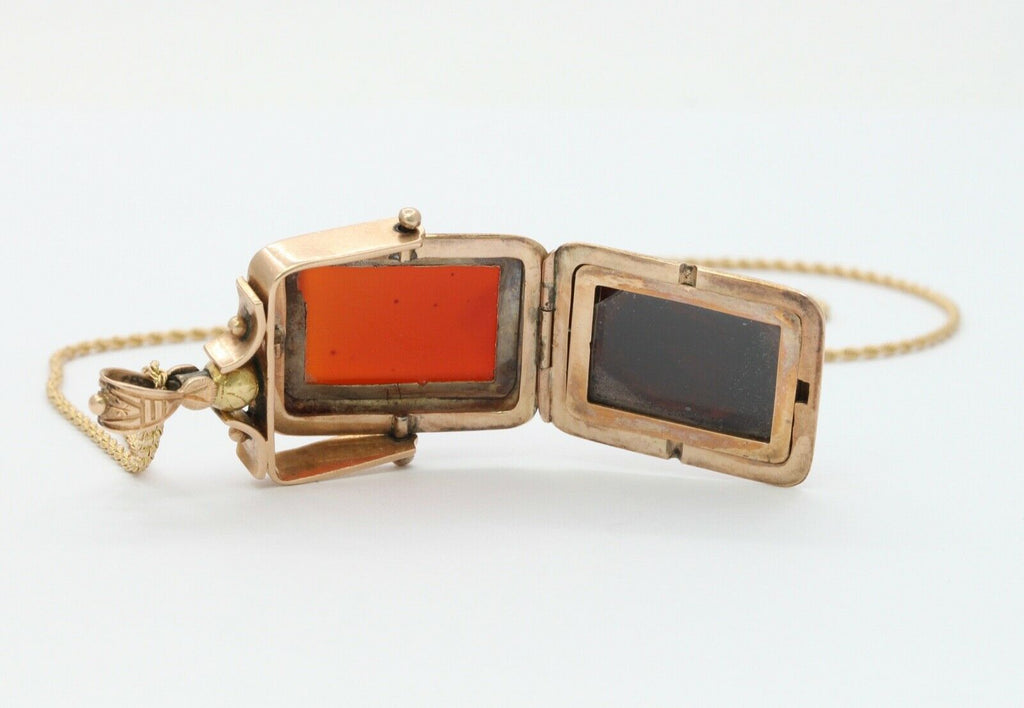 Victorian 10K Gold Onyx Sardonyx Spinning Locket Pendant Chain