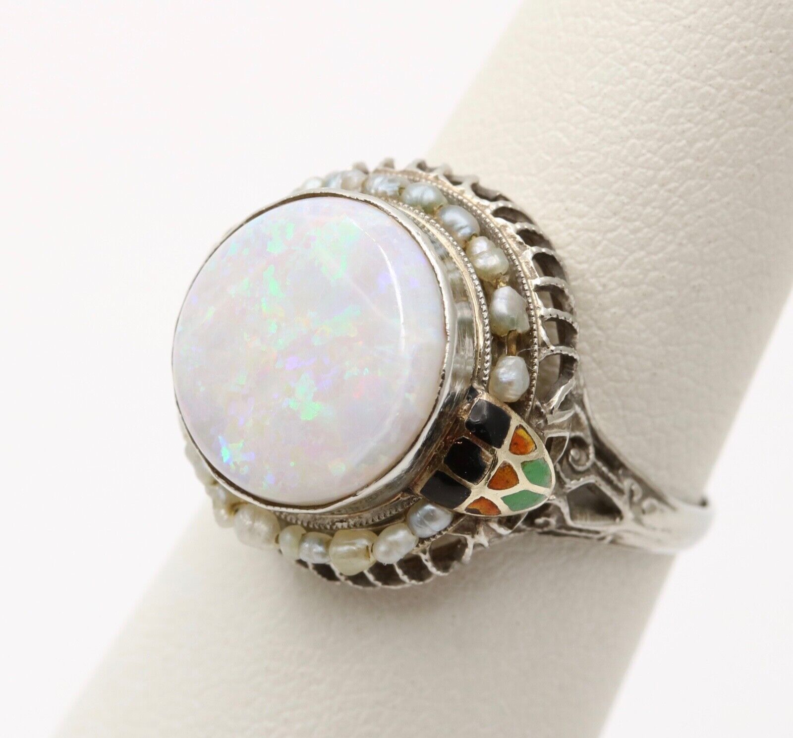 Antique Art Deco 10K White Gold Opal and Pearl Enamel Ring.