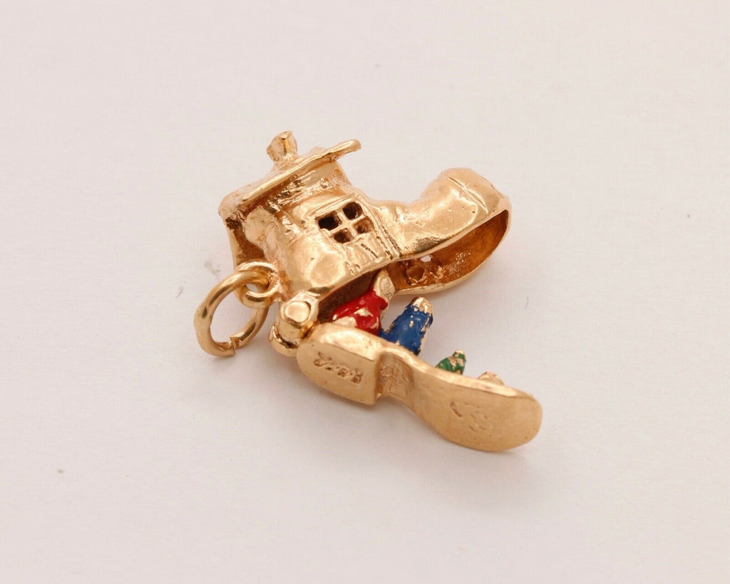 Vintage 14K Yellow Gold Movable "There Was An Old Woman" Enamel Pendant Charm