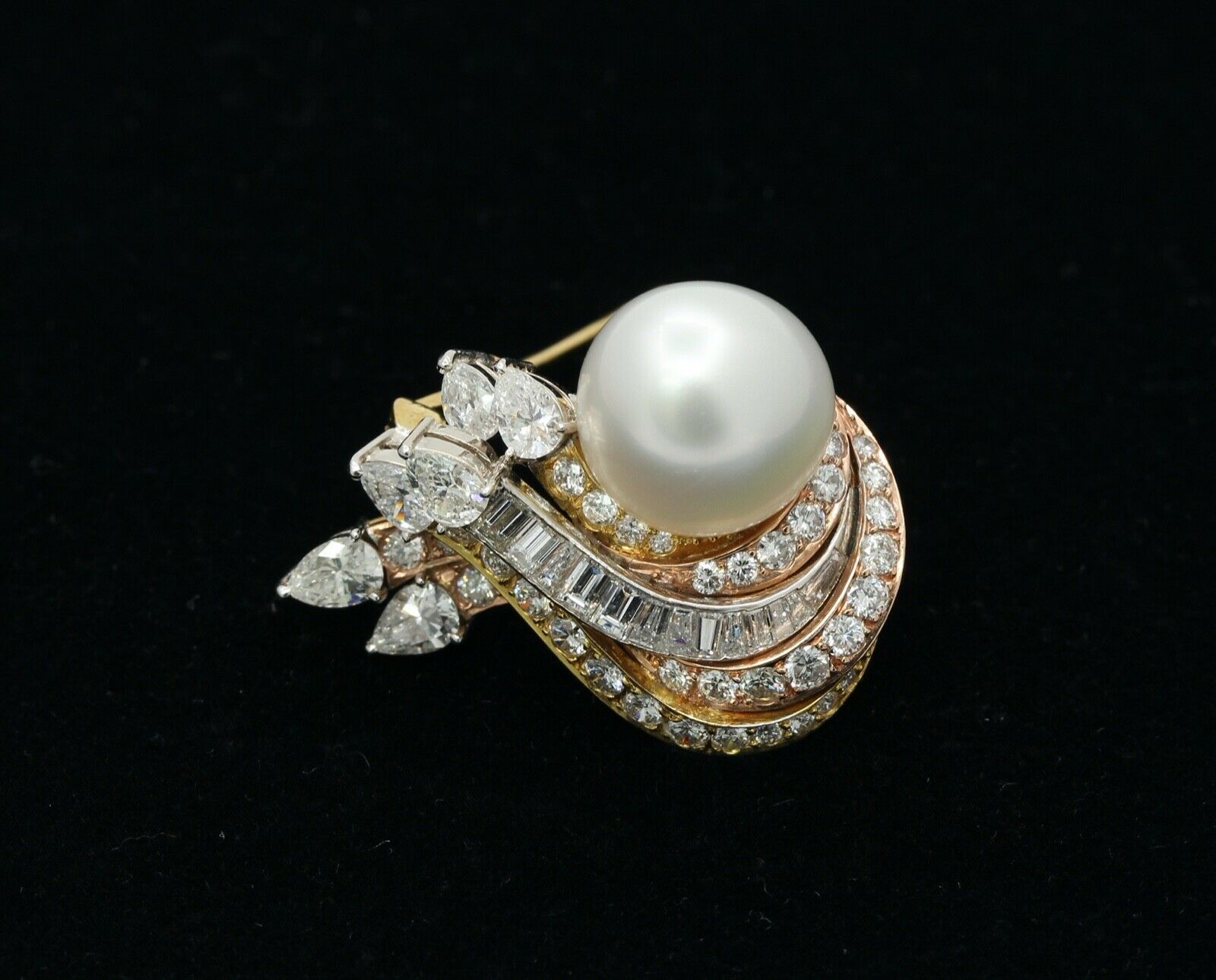 Vintage 14K Rose Yellow White Gold Diamonds 12.6MM Pearl Brooch Pin