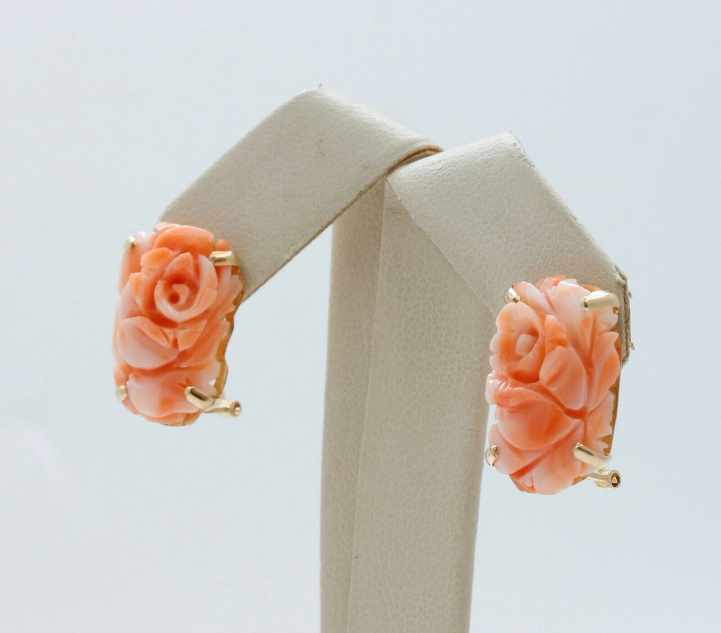 Carved Coral Flower 14K Yellow Gold Earrings