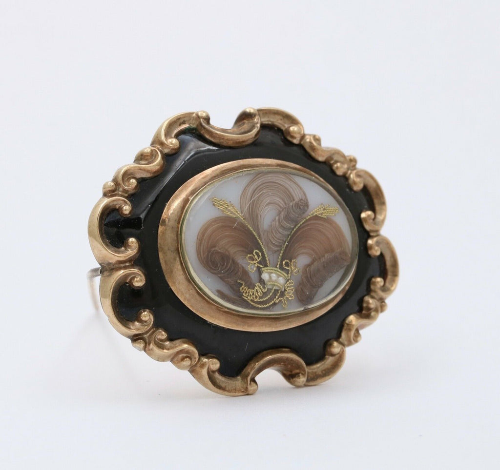 Victorian Memento Mori Hair 10K Enamel Brooch Pendant