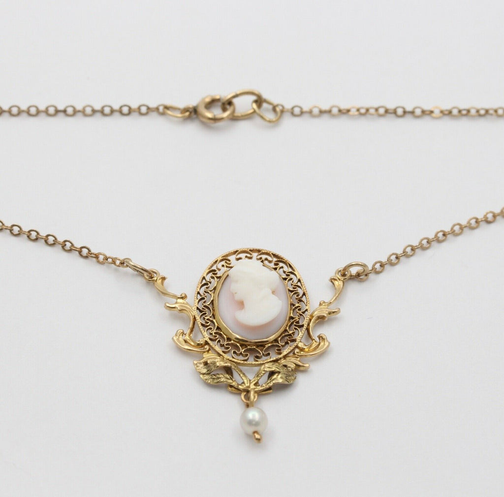 Art Nouveau Cameo Pearl 14K 10K Pendant and Chain