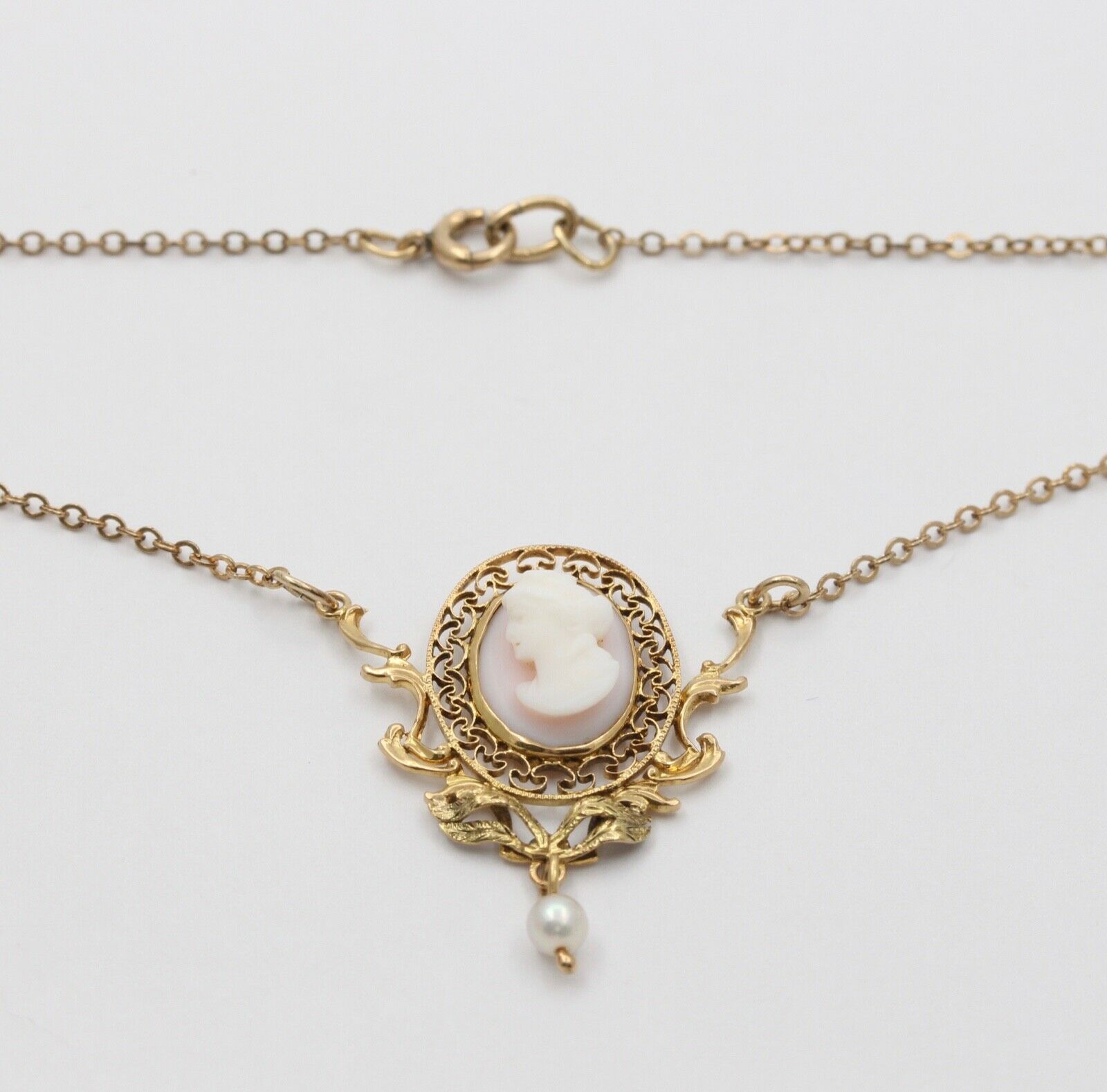 Art Nouveau Cameo Pearl 14K 10K Pendant and Chain