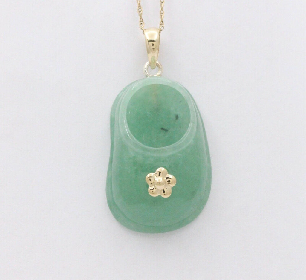 Vintage Translucent Green Jade Shoe Pendant 14K Yellow Gold
