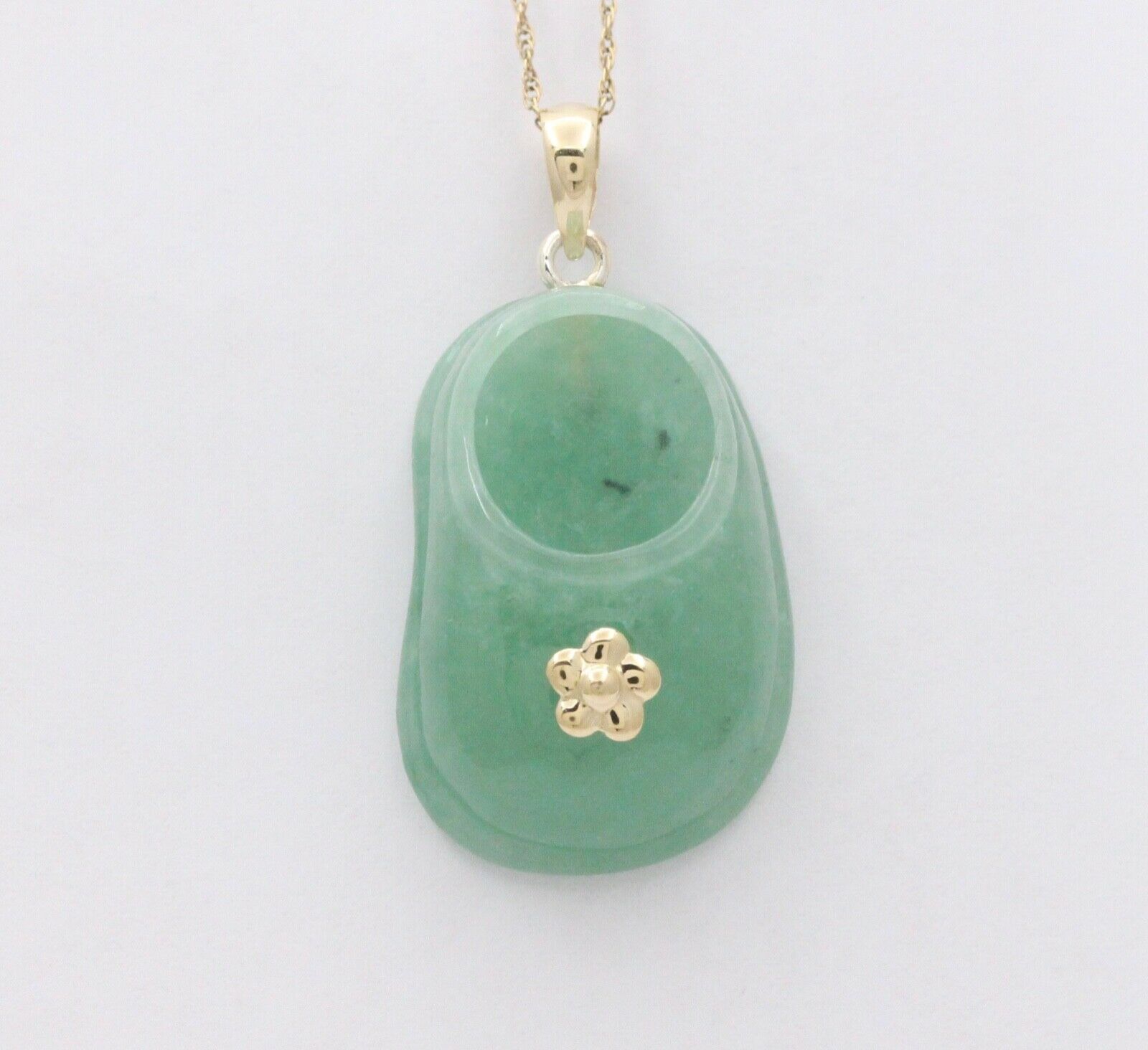 Vintage Translucent Green Jade Shoe Pendant 14K Yellow Gold