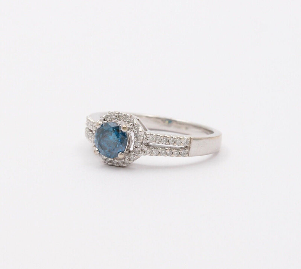 Vintage 14K White Gold Blue Topaz Diamond Halo Ring, Engagement Rig
