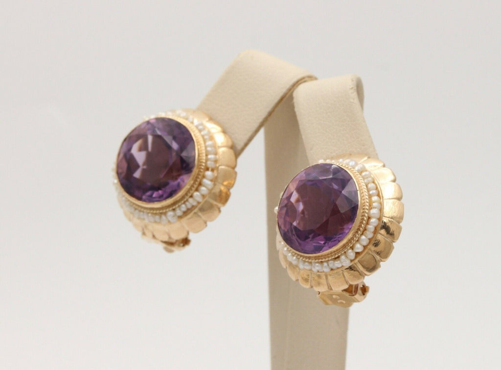 Vintage Round Cut Amethyst Beaded Seed Pearl Halo Button Clip Earrings