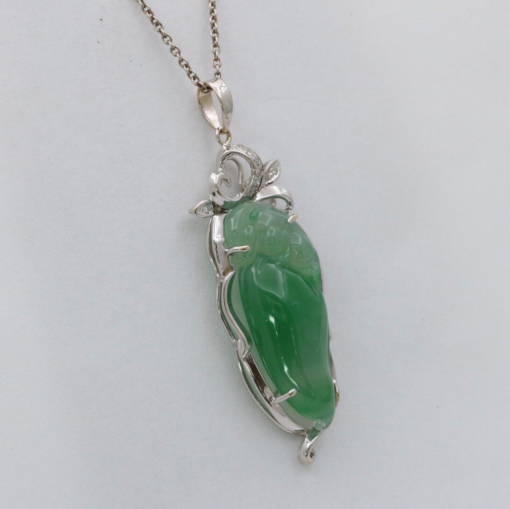 Vintage Watery Jadeite Jade Diamonds 18K White Gold Pendant