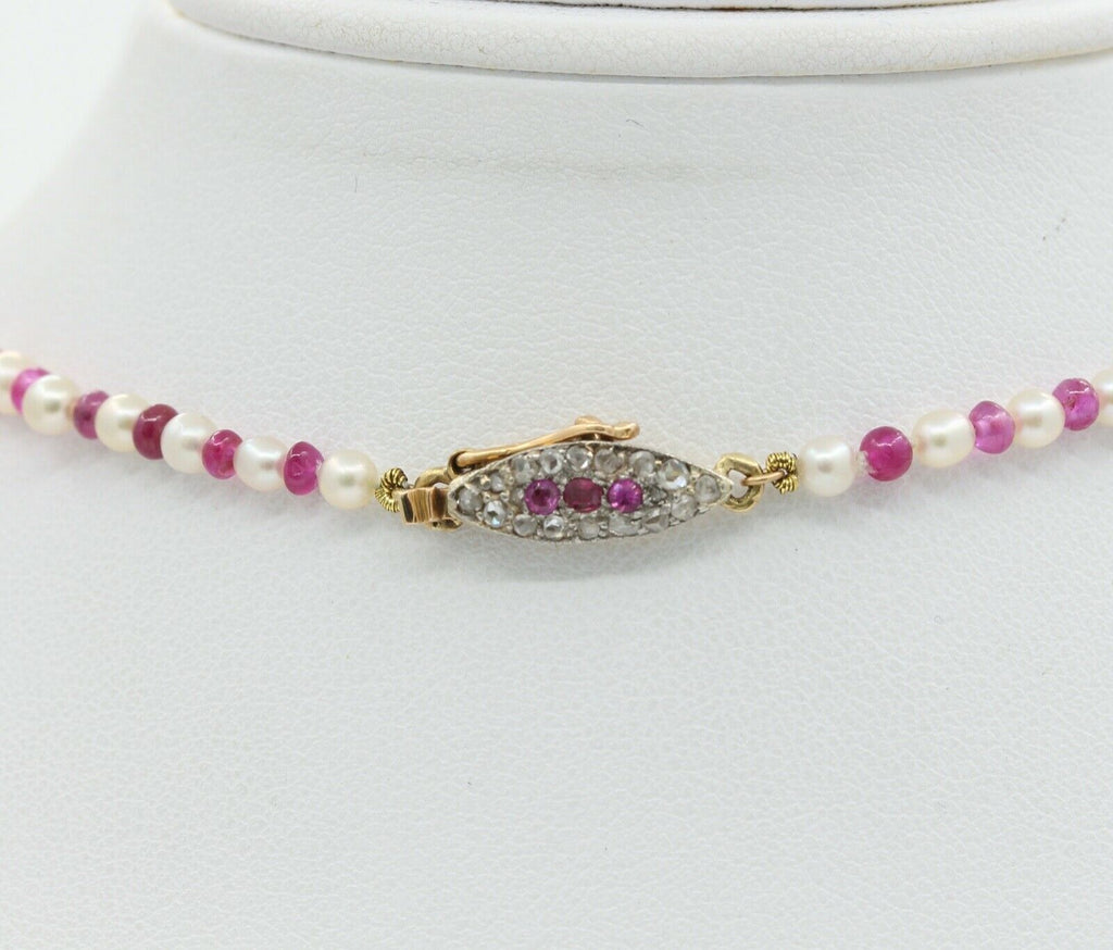 GIA Natural Pearls Rubies 18K White Yellow Gold Necklace