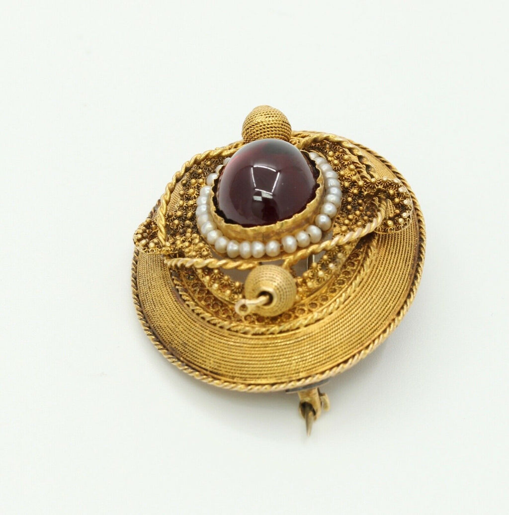 Truly Beautiful and Excellent Cond Victorian 14K Garnet Pearls Brooch Pendant