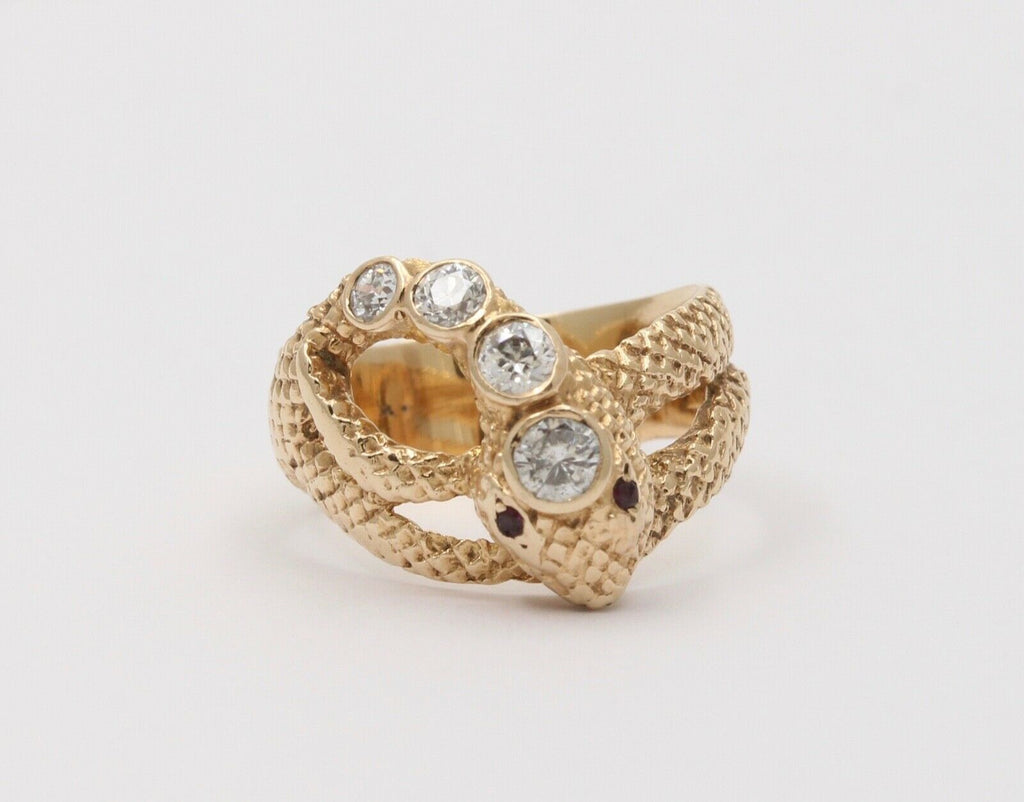 Vintage Snake Diamond Rubies 14K Yellow Gold Ring