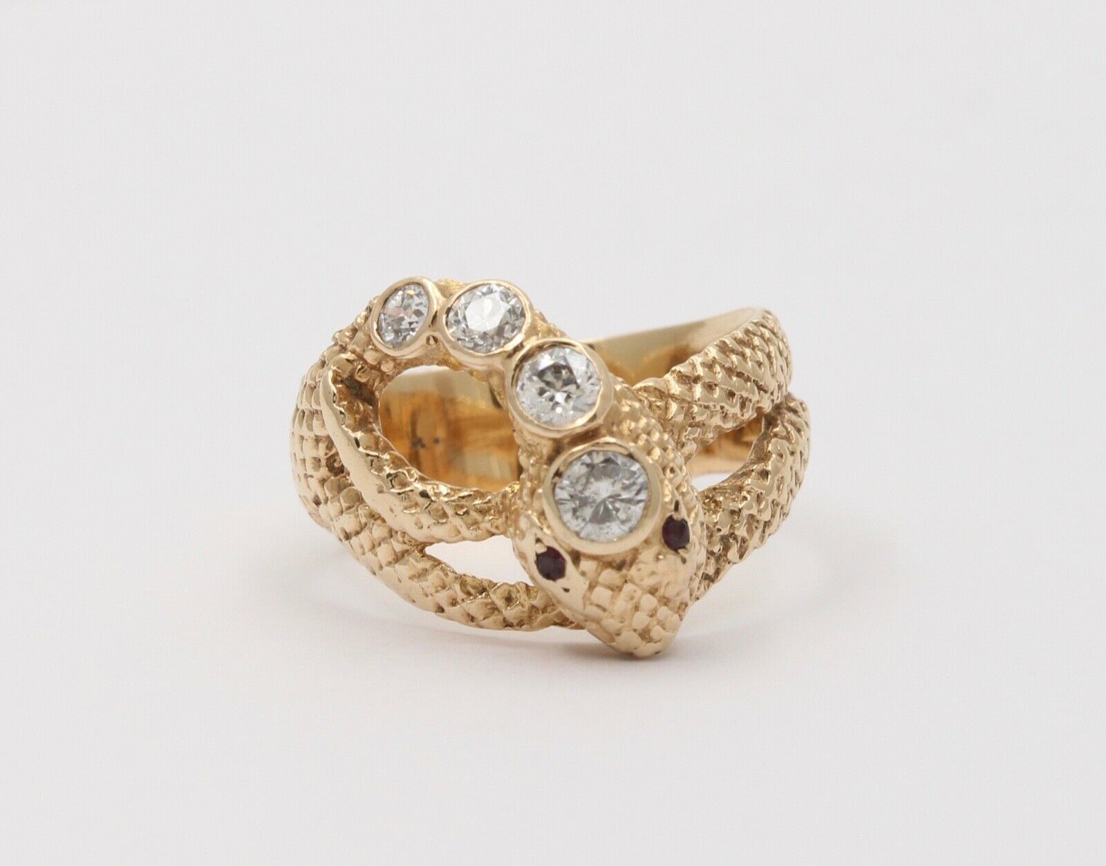 Vintage Snake Diamond Rubies 14K Yellow Gold Ring