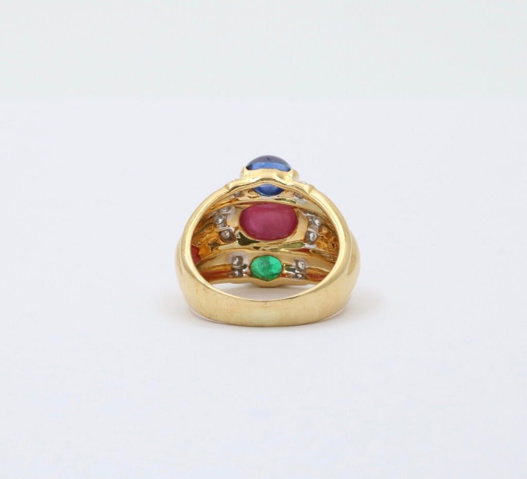 Funky Vintage 18K Yellow Gold Cabochon Ruby, Sapphire & Emerald Ring, Estate Rin