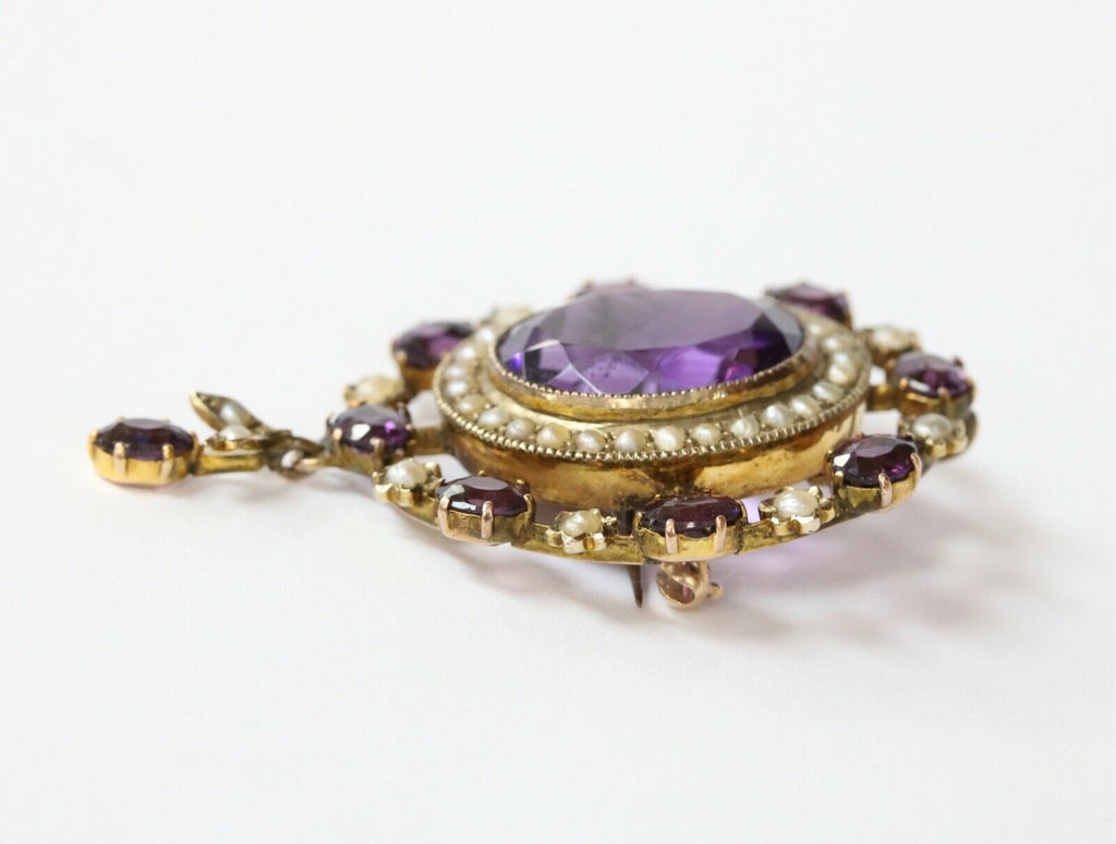 Victorian Amethyst Seed Pearl Milgrain 9 Carat Brooch Pendant