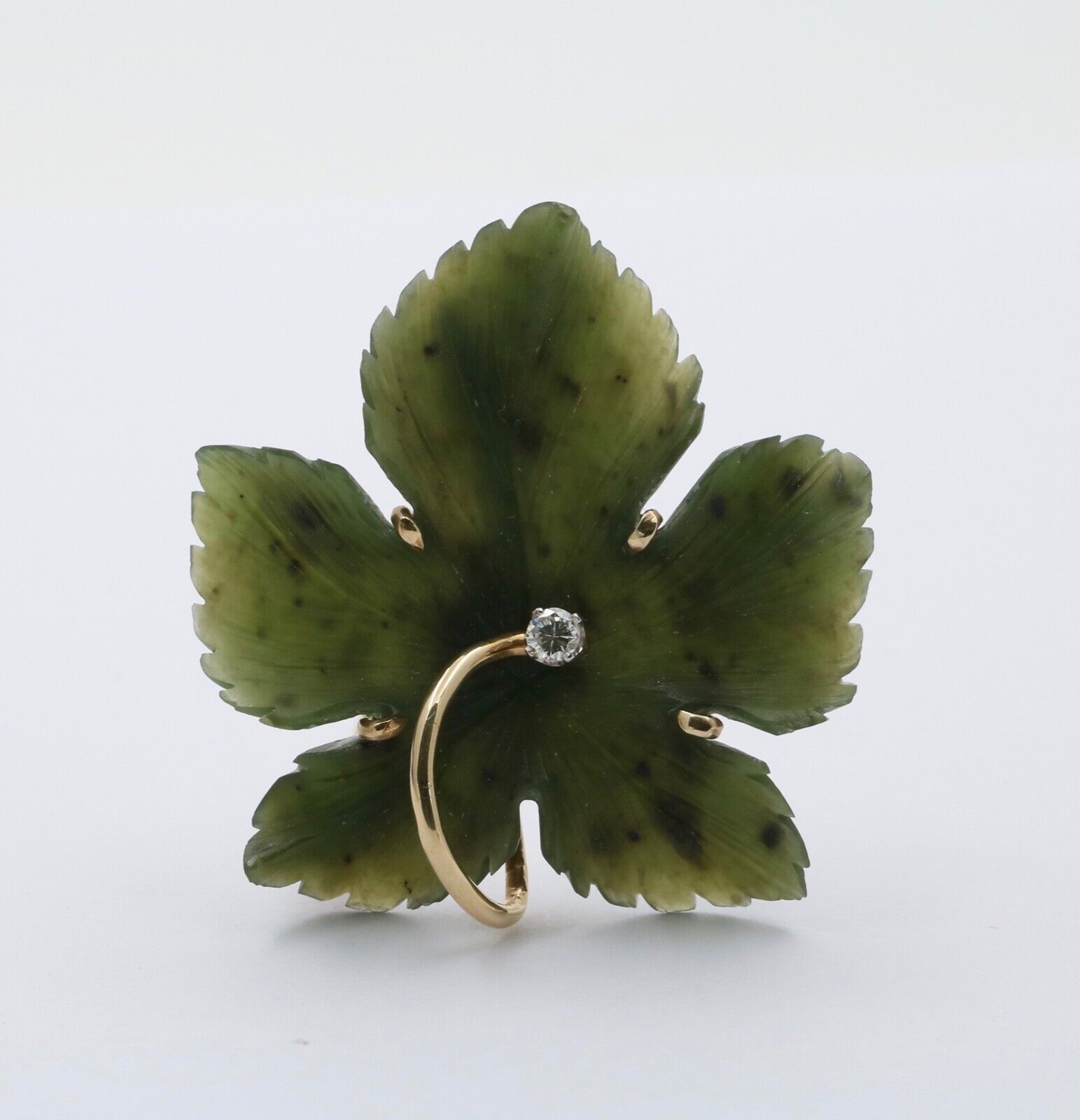 Vintage Diamond and Curved Jade 14K Yellow Gold Leaf Brooch, Pendant.