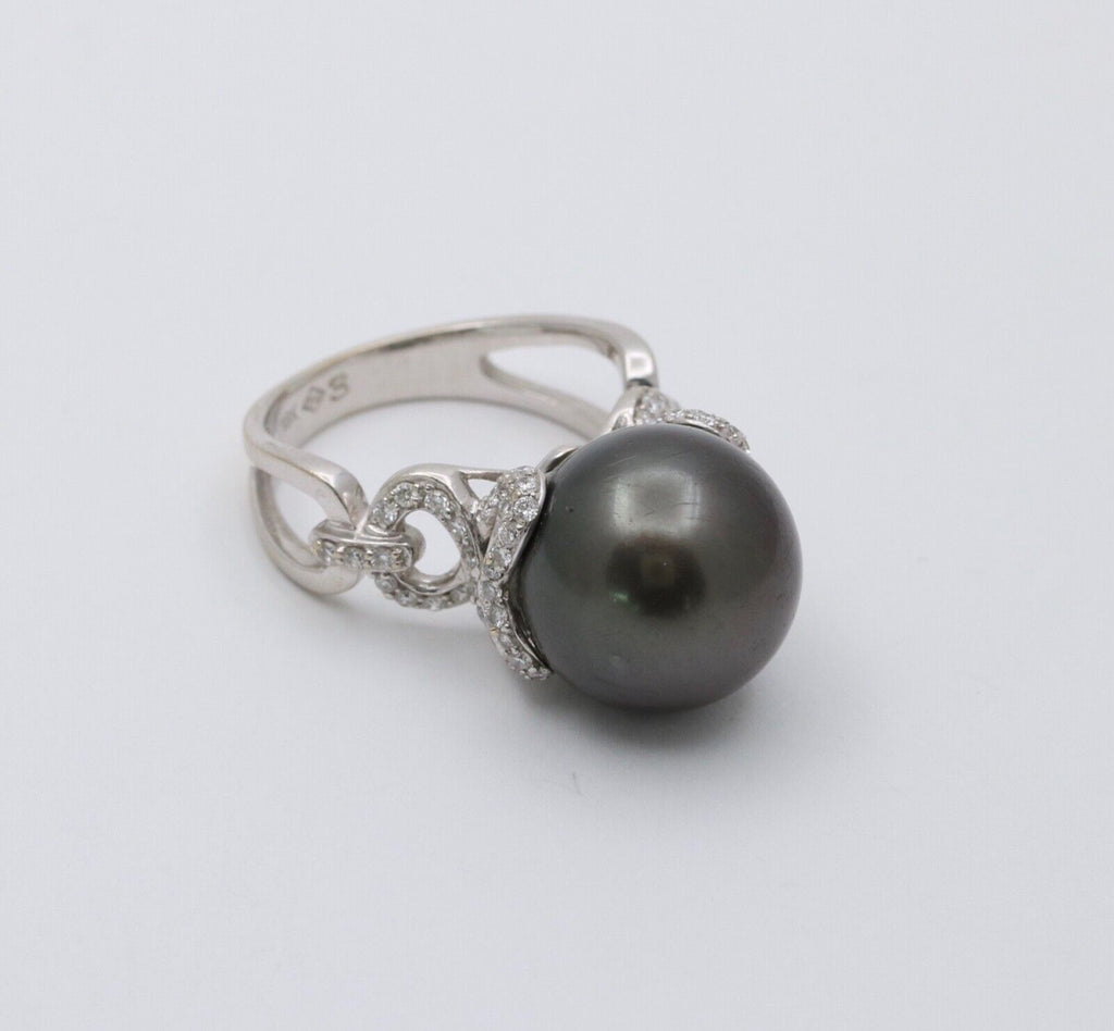 Vintage Tahitian South Sea Pearl Diamonds 18K White Gold Ring