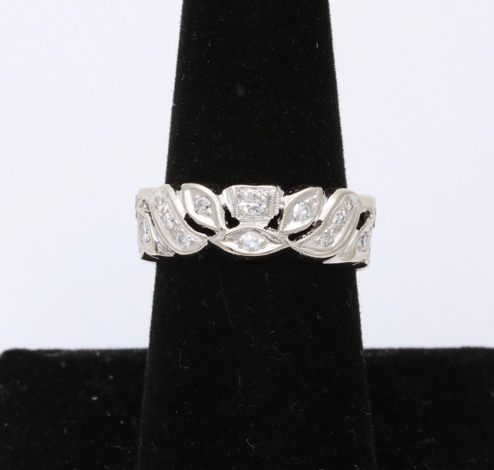Art Deco 14K White Gold Diamond Ring Band, Wedding Band