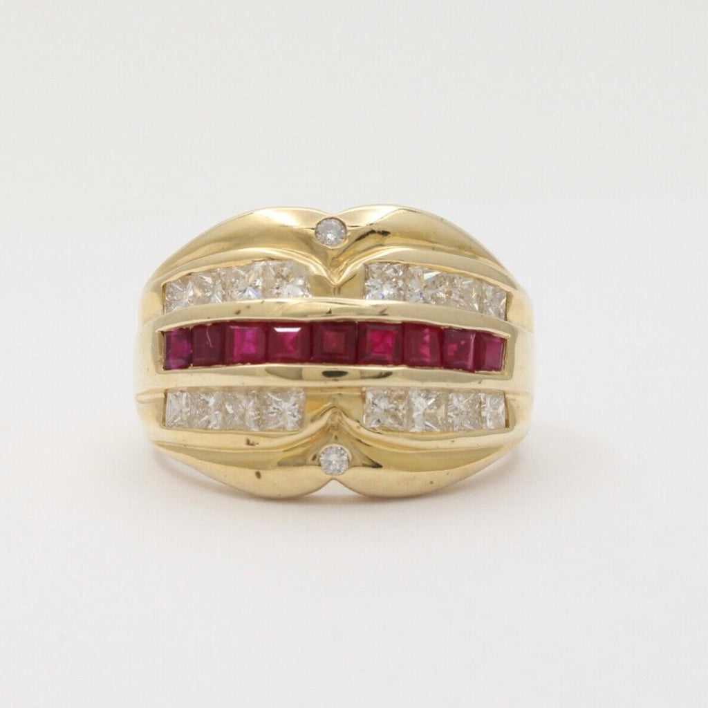 Vintage Chunky Table Cut Rubies Diamonds 14K Yellow Gold Ring